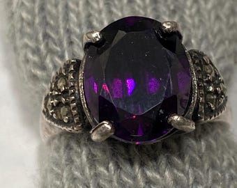 Vintage Amethyst Marcasite 925 Sterling Silver Ring, Size 7