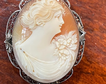 May include: A cameo brooch featuring a woman's profile carved in shell, set in a silver filigree frame. The cameo is oval shaped and has a delicate floral design.