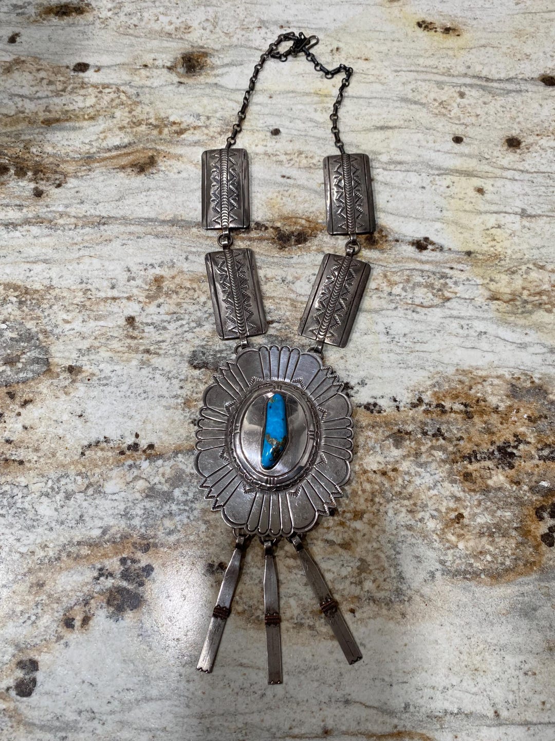 Large Navajo Signed Sterling Silver and Turquoise Necklace - Etsy