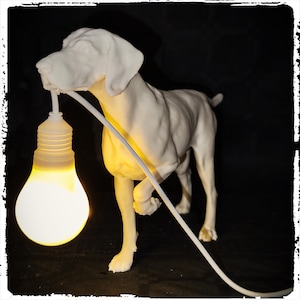 以下が含まれることがあります： 口に電球を持った白いセラミック製の犬の彫刻。犬は黒い表面に立っており、電球は点灯しています。