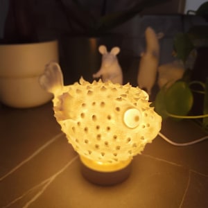 Puede incluir: Una luz de noche de cerámica blanca con forma de pez globo con una superficie texturizada y una pequeña bombilla en su interior. La luz está encendida e ilumina el pez.