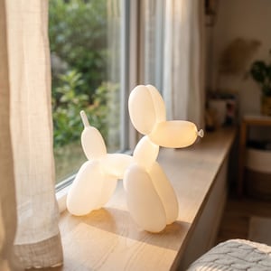 May include: A white, translucent, balloon-style dog lamp shaped like a twisted balloon animal. The lamp features a rounded head, elongated snout, upright ears, a short tail, and four legs, emitting a soft, warm glow from within its smooth surface.
