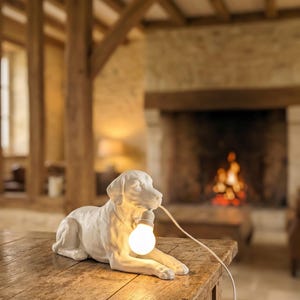 Op de afbeelding: Een witte keramische hondfiguurlamp in liggende positie. De hond houdt een gloeiende ronde gloeilamp in zijn bek, verbonden met een wit elektrisch snoer dat naar rechts uitloopt. Het beeldhouwwerk heeft gedetailleerde vachtstructuren.