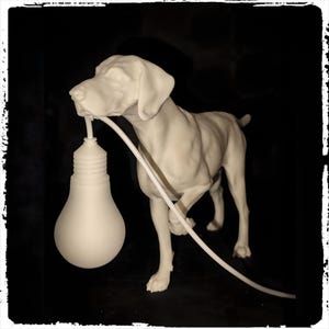 以下が含まれることがあります： 口に大きな電球を持った犬の白いセラミック彫刻。犬は黒い表面に立っており、電球は白いコードにつながっています。