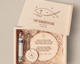 Personalisierte Geschenkbox aus Holz zur Konfirmation | Geldgeschenk zur Konfirmation für Junge & Mädchen | Konfirmationsgeschenk Patenkind