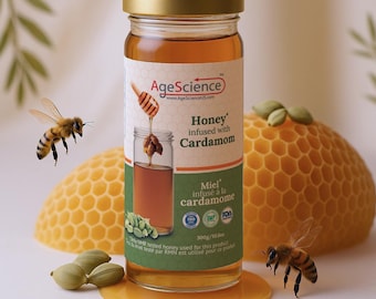 AgeScience Cardamom Infused Honey, Cardamom Flavoured Honey, GMP Certified, Miel Packed in Glass Jar - 300 Grams (10.6OZ)
