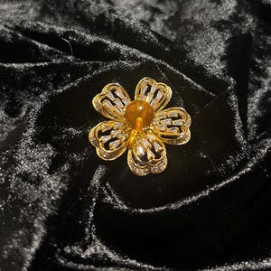 Artisanal Golden Flower Brooch with Natural Burmese Amber; Gift for Her; Valentine&#39;s Gift