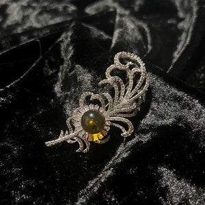 Artisanal Elegant Crystal Fan Brooch with Natural Burmese Amber; Gift for Her; Valentine&#39;s Gift