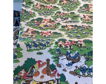 Vintage 1980s Blue Smurfs Cartoon Mushroom Smurf Twin Flat Sheet Bedding Fabric