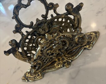 Vintage Antique Brass Victorian Style Angel Desk Envelope Napkin Holder Ornate