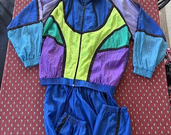 VTG Athleisure 1990 Colorblock Tracksuit Set Streetwear Blue Green SZ MED Retro