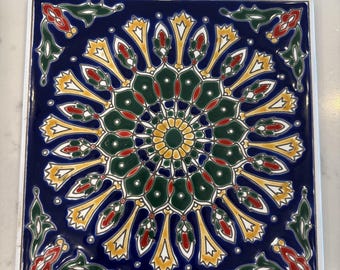 VTG Greek Ceramic Tile Trivet 6" Square Blue Red Green Mediterranean Wall Decor