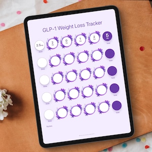 GLP-1-tracker voor gewichtsverlies | Gewichtsverliesdagboek | Wekelijkse voortgangsgrafiek | Digitaal dagboek voor gewichtsverlies | Pdf-download | Paars