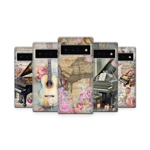 May include: A collection of phone cases featuring musical instruments and floral designs. Each case showcases a different instrument, including a piano, guitar, and violin, set against a backdrop of sheet music and pink flowers. The cases have a vintage, artistic aesthetic.