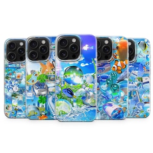 Pode incluir: Cinco capas de telefone com designs vibrantes e coloridos. Cada capa apresenta uma cena subaquática única com peixes, bolhas e outros elementos aquáticos. As capas têm um acabamento brilhante e são projetadas para um smartphone.