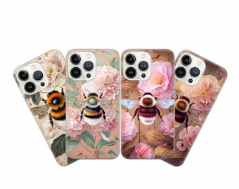 Bee Floral Phone Case, Bumble Bee iPhone Case, Cute Botanical Matte TPU Gel Cover for iPhone 17e 16 15 Pro Max, Samsung Galaxy S26 Pixel 10a