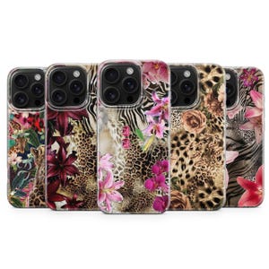 May include: A collection of five phone cases with vibrant animal print and floral designs. The cases feature leopard, zebra, and floral patterns in shades of brown, pink, and green. Each case has a camera cutout.