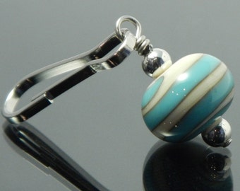 Decorative Zipper Pull for purses, jackets, backpacks and wallets, ivory with turquoise blue swirl, handmade lampwork glass