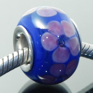 Flower Bead, lampwork glass bead, large hole bead, European style charm bead for jewelry, blue, pink, artisan handmade bead, floral, charm