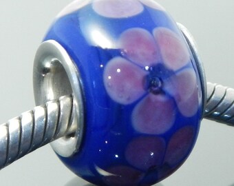 Flower Bead, lampwork glass bead, large hole bead, European style charm bead for jewelry, blue, pink, artisan handmade bead, floral, charm