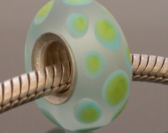 Artisan lampwork glass bead, sterling silver, large 5.3mm hole, etched matte finish, blue and lime green, polka dots, European Style