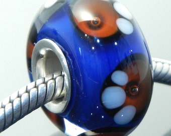 Lampwork bead with silver core, bracelet charm bead, blue, orange, lampwork glass bead, glass large hole bead, interchangeable, artisan