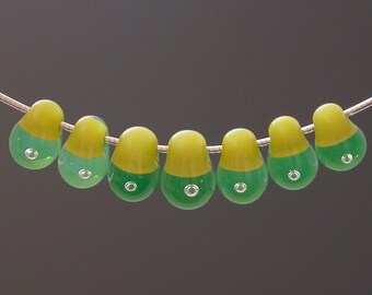 Oregon Duck Fans, Water Droplet Beads-7 handmade lampwork glass beads, yellow and green, crystal clear with bubbles