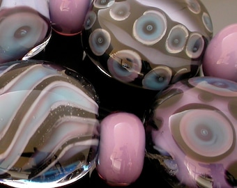 Lampwork Glass Bead Set of 17, Passionately Purple, purple and black polka dots, stripes and swirls, focal beads and accent beads