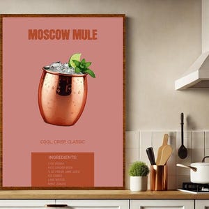 Impresión artística de Moscow Mule / Póster de cóctel / Letrero de bebida exclusiva para fiesta de bodas / Pared de moda / Minimalista, elegante, sofisticado, retro