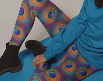 Peacock Feather Print Leggings: Soft Polyester Spandex Yoga Pants