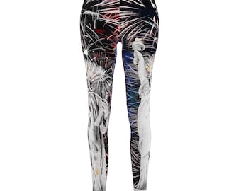 Leggings con estampado de la Estatua de la Libertad, pantalones deportivos con fuegos artificiales rojos, blancos y azules, ropa de yoga y entrenamiento, regalo para mujeres patriotas.