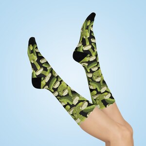 Cushioned Crew Socks with Black and Green Pickle Design, foodie gift, novelty socks, fun footwear, quirky accessories for men and women