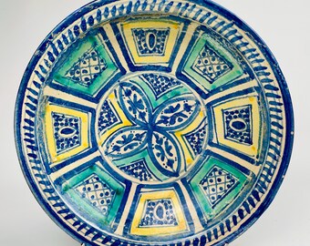 Vintage Moroccan Decorative Bowl — Hand Painted Ceramic Wall Art — Fez Pottery — 30cm