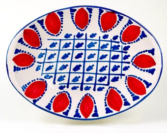 Large Spanish Fajalauza Serving Platter — Red & Blue Hand Painted Ceramic Oval Platter— 36cm long