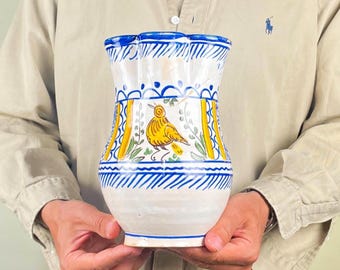 Antique Large Spanish Majolica Pottery Jug – Hand Painted Yellow Bird Ceramic Pitcher – Manises, Early 20th Century – 22cmTall