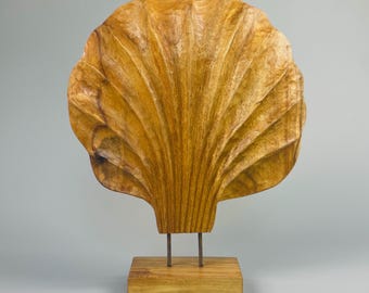 Wood Shell Sculpture on Stand — Hand Carved Acacia Wood — Wabi Sabi, Coastal Decor 42cmTall