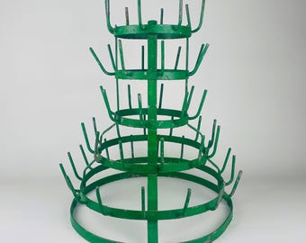Vintage French Bottle Drying Rack — Large Green Metal bottle tree —  Vintage Kitchen Industrial Decor