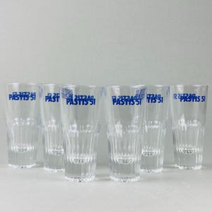Vintage Pastis 51 Large Glasses – Set of 6 French Aperitif Glasses – 1970s Blue Logo Retro Barware – 12.6cm Tall