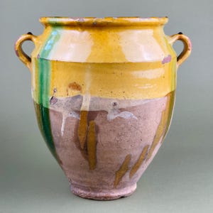Large Antique Terracotta French Confit Pot – Green and Yellow Drip Glaze Farmhouse Jar – Circa Late 19th – 28.5cm Tall