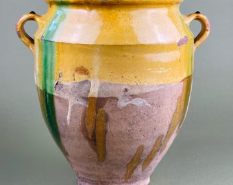 Grande pote de confit francês antigo de terracota – jarra de fazenda com esmalte verde e amarelo – por volta do final do século XIX – 28,5 cm de altura