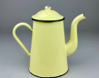 Vintage French Yellow Enamel Coffee Pot –  Farmhouse Decor Tea Pot – Early 20th Century – 22cmTall