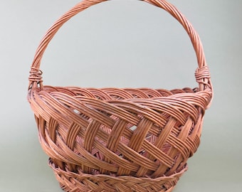 Vintage French Woven Market Basket – Large Wicker Harvest Basket  – 1940s Farmhouse Decor – 42cm