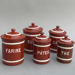 Vintage French Enamel Canister Set – 1940s Kitchen Storage Jars – White with Black Trim – Rustic Farmhouse Decor – Set of 5
