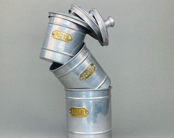 Vintage French Canister Set – 1940s Kitchen Storage Metal Jars – Farmhouse Decor– 16.5cm Tall