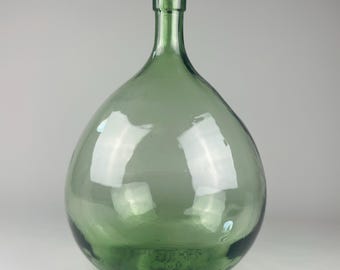 Antique French Green Glass Demijohn – 10L Wine Carboy Bottle – Mid Century Rustic Decor – 38cm Tall
