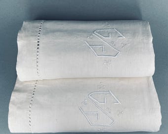 Vintage French Linen King Sheet Pair – Hand Embroidered white Monogram - 2.1x3.3m
