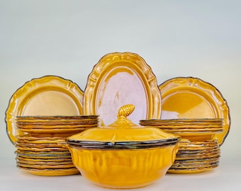 Vintage French Yellow Dinnerware Set — 34-Piece Majolica Plates with Large Serving Bowl and 3 Platters —  Haute Provence