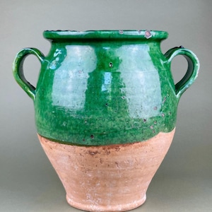 Large Antique French Green Pot – Glazed Terracotta Pottery Farmhouse Jar with Two Handles – Late 19th Century – 31cm Tall