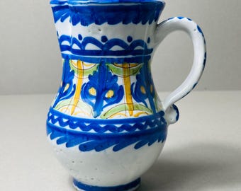 Antique Spanish Manises Pottery Vase – Hand Painted Blue Ceramic Jug – Early 20th Century – 19.5cmTall