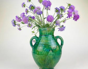 Vintage French Green Terracotta Vase —  Two Handle Glazed Pottery Jar – 23cm Tall